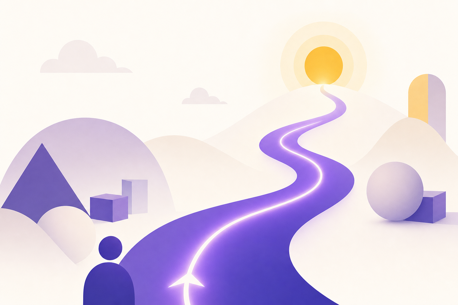A glowing path leading a figure through soft shapes toward a warm sun — being guided through complexity to a simple destination.