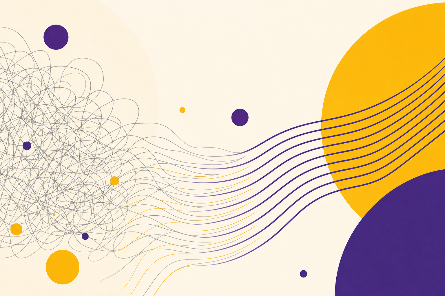 Tangled grey lines on the left resolving into calm, orderly curves on the right — chaos becoming simple.